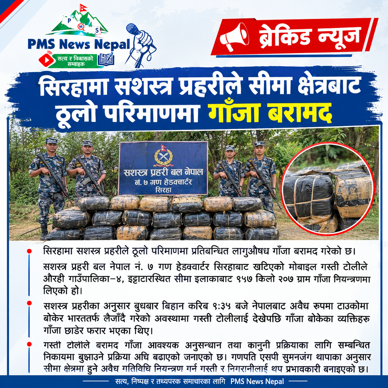 Featured Image of the news article सिरहामा सशस्त्र प्रहरीले सीमा क्षेत्रबाट ठूलो परिमाणमा गाँजा बरामद